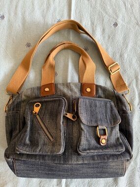 Casual Blue Denim Canvas Messenger Bag or Shoulder Bag with Tan Strap